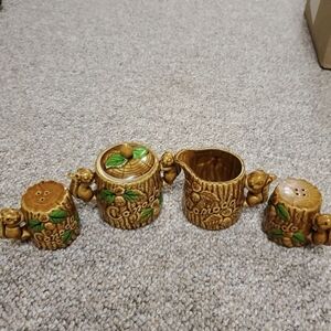 Vintage Canada Ceramic Squirrel-In-Oak Tree Salt Pepper Sugar Creamer Set